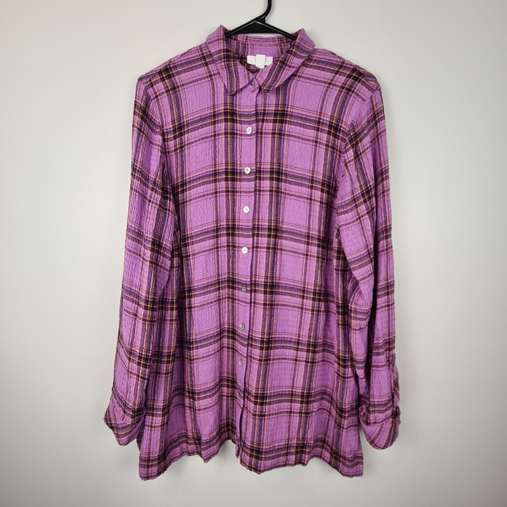 J Jill Women's Crinkled Plaid Button-Front Tunic Top Purple Size M Long Sleeve